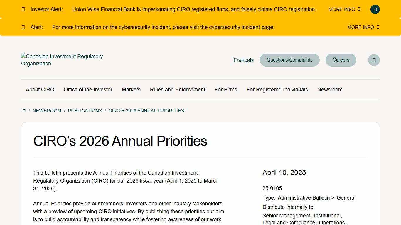 CIRO’s 2026 Annual Priorities Canadian Investment Regulatory Organization