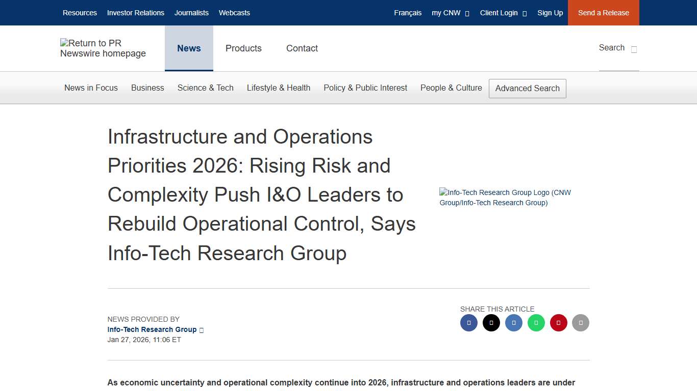 Infrastructure and Operations Priorities 2026: Rising Risk and Complexity Push I&O Leaders to Rebuild Operational Control, Says Info-Tech Research Group