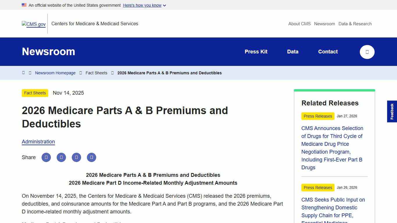 2026 Medicare Parts A & B Premiums and Deductibles CMS